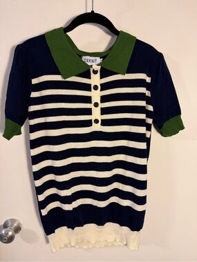 OXKNIT Navy & White Striped Polo with Green Collar Small NWT